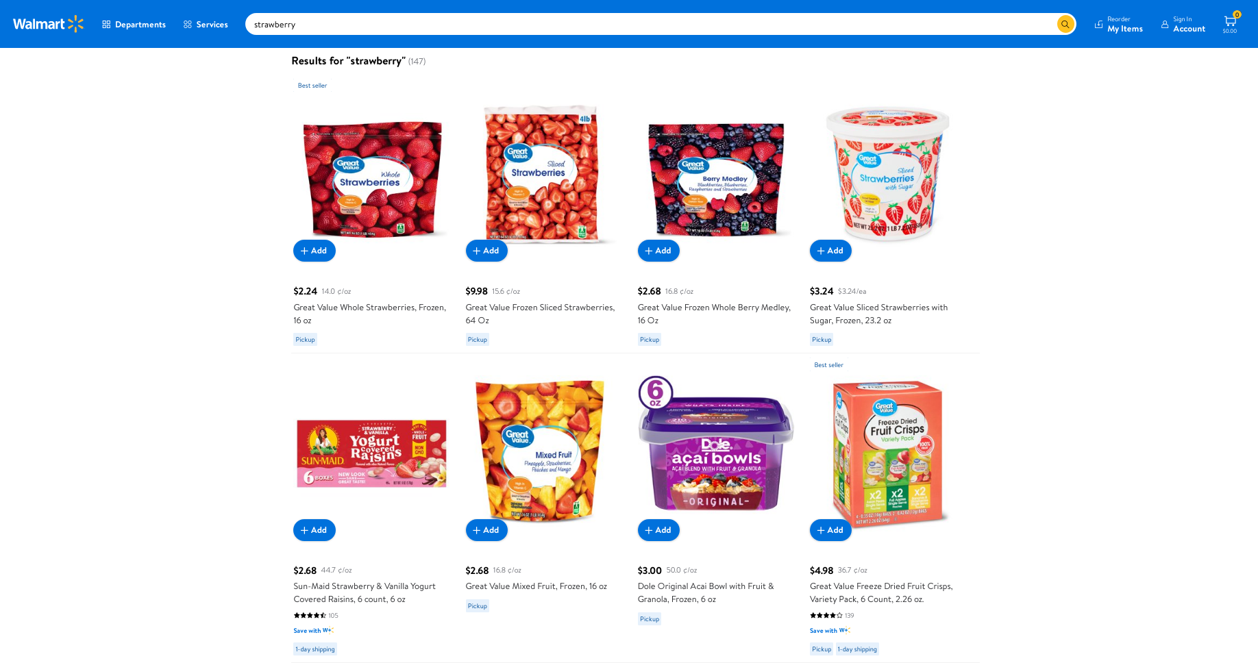Screenshot of Walmart showing results for strawberries